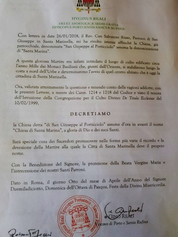 Decreto santa marina don salvatore diocesi porto rufina