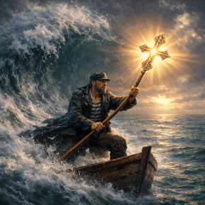 Man in a boat holding a glowing cross against massive wave