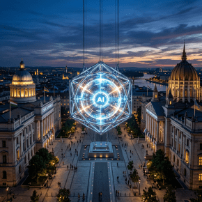 Glowing holographic AI symbol suspended above a city square at sunset